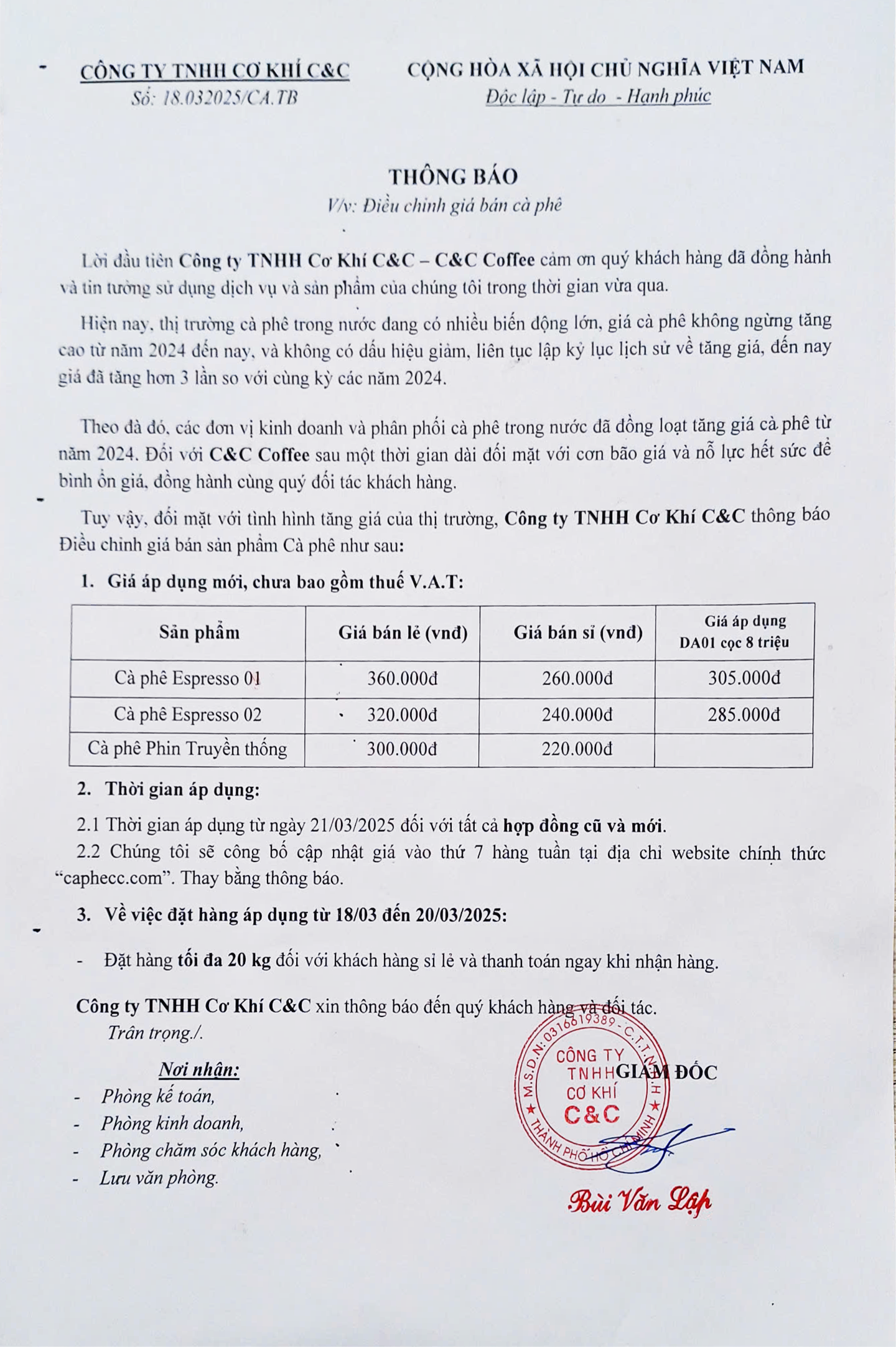 THÔNG BÁO Điều chỉnh giá bán cà phê 21/3/2025