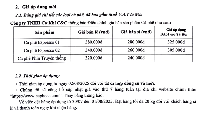 THÔNG BÁO Điều chính giá bán cà phê theo quy định thuế mới