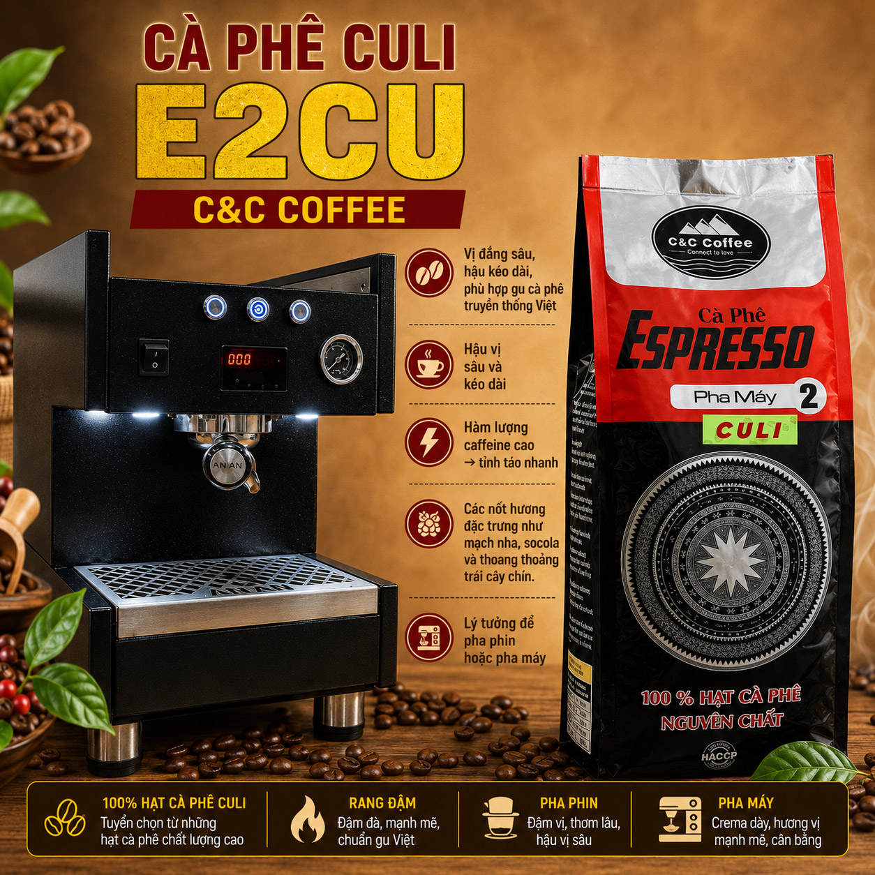 Cà phê E2 Culi - Rang mộc, đậm đắng mạnh mẽ