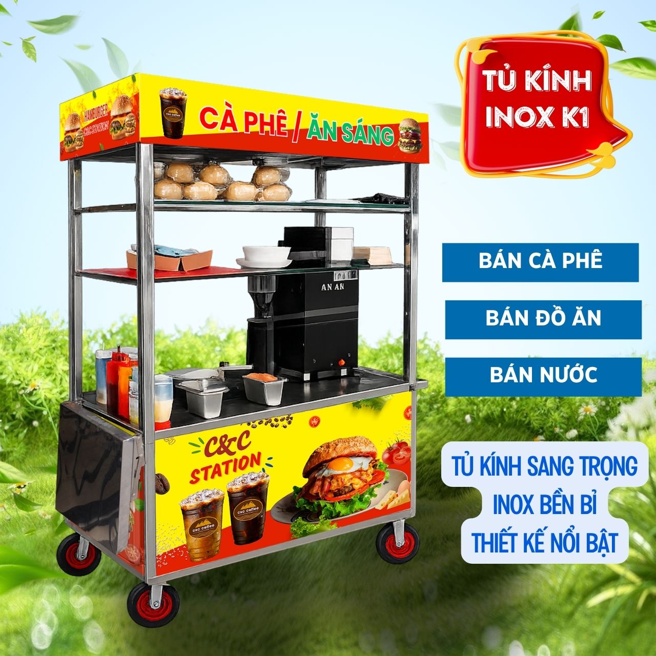 Xe tủ kính K1 - Giải pháp Xe bán hàng đa năng bán cafe bán đồ ăn bán nước