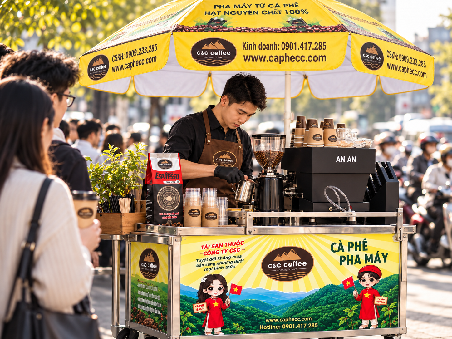 Barista vận hành máy espresso tại quầy cà phê mang đi trong giờ cao điểm