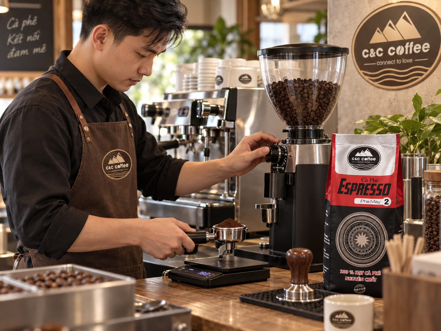 Barista cân dose cà phê và chỉnh máy xay trước khi pha cà phê đen