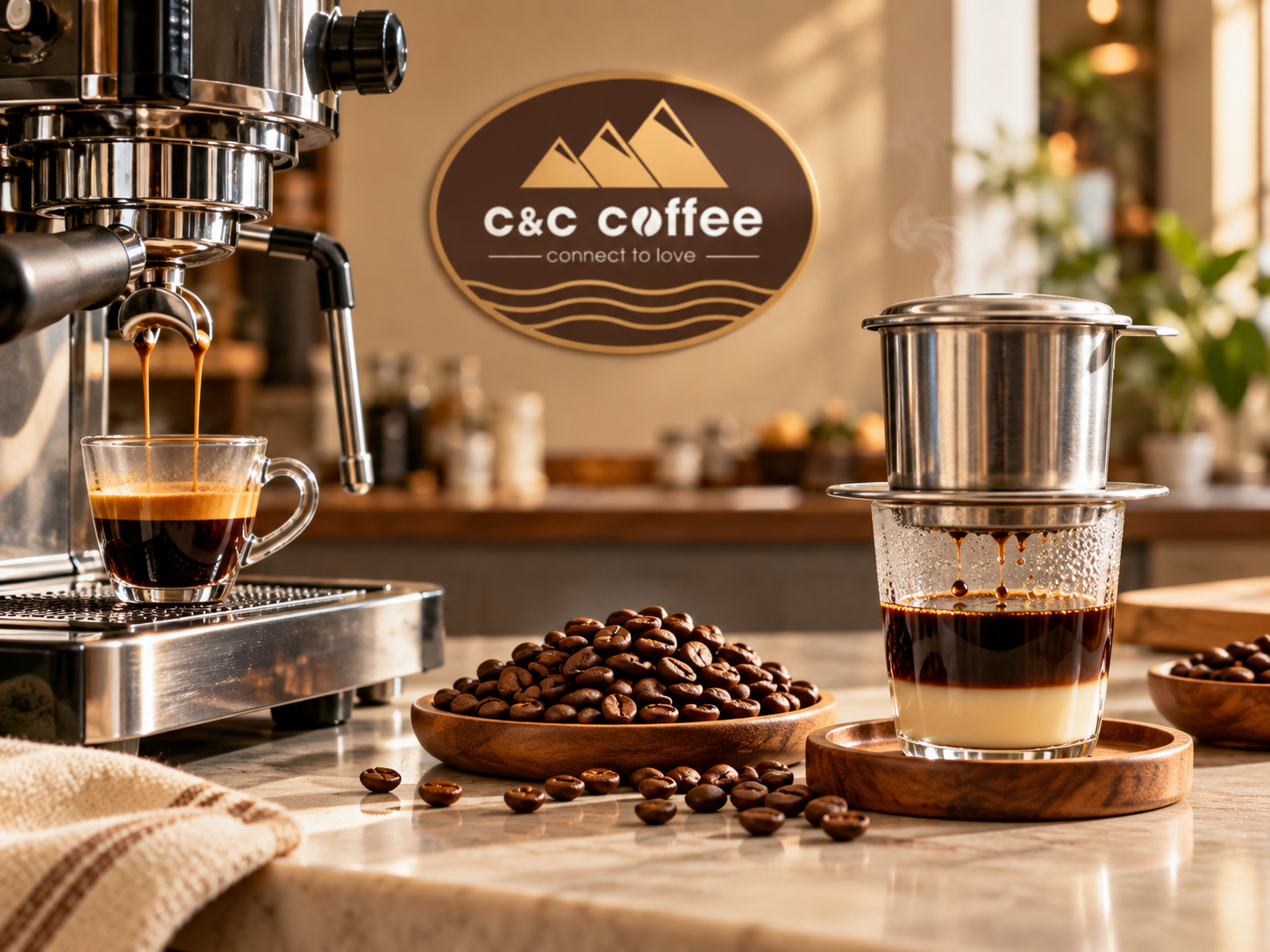 Pha máy và pha phin cùng một nhóm hạt cà phê rang mộc để so sánh ứng dụng