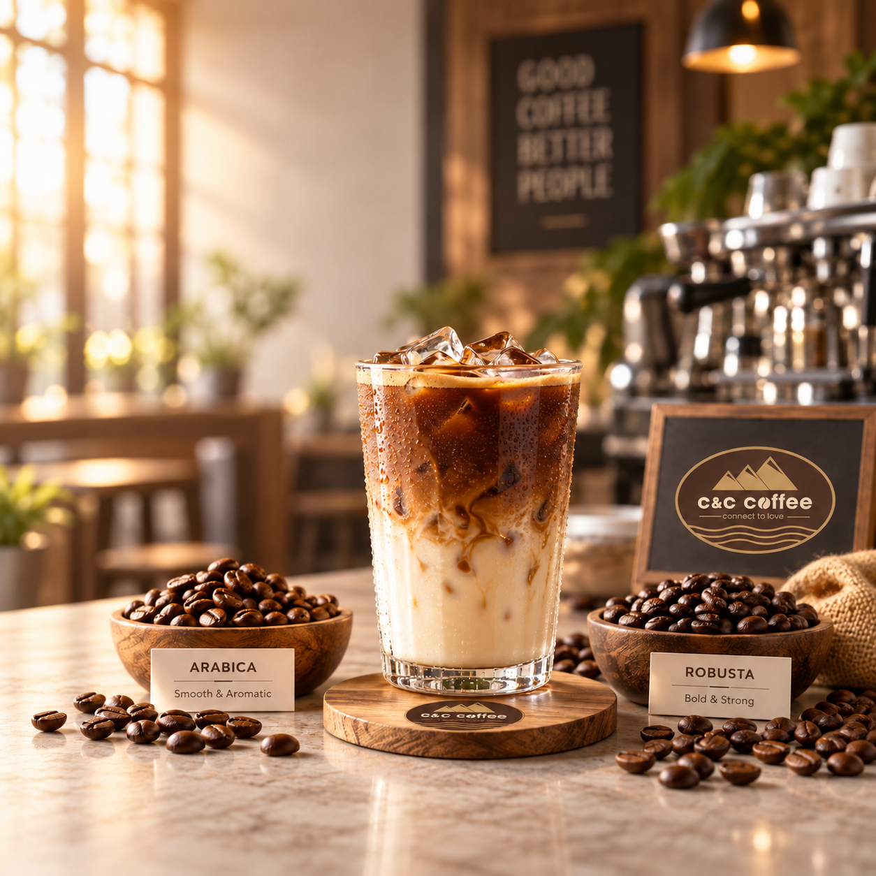 Ly cà phê sữa đá pha máy bên hạt Arabica và Robusta để so sánh lựa chọn