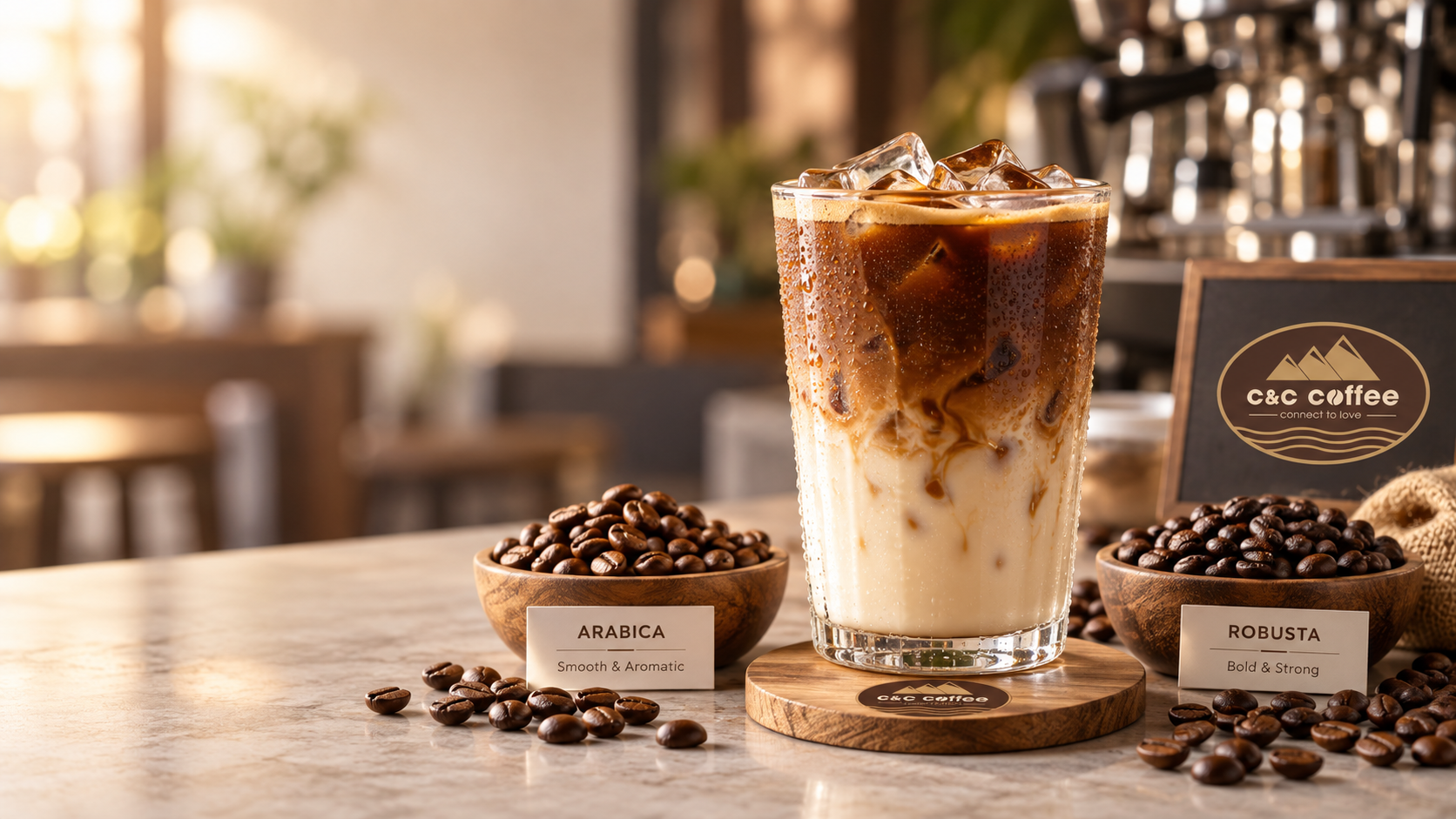 Ly cà phê sữa đá pha máy bên hạt Arabica và Robusta để so sánh lựa chọn