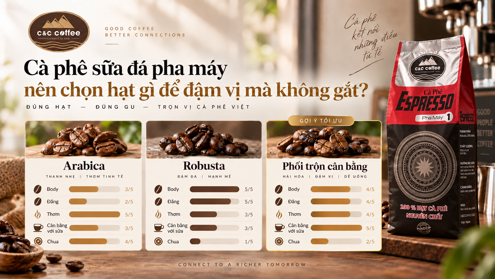 Infographic cân bằng body, độ đắng, hương thơm và khả năng kết hợp với sữa