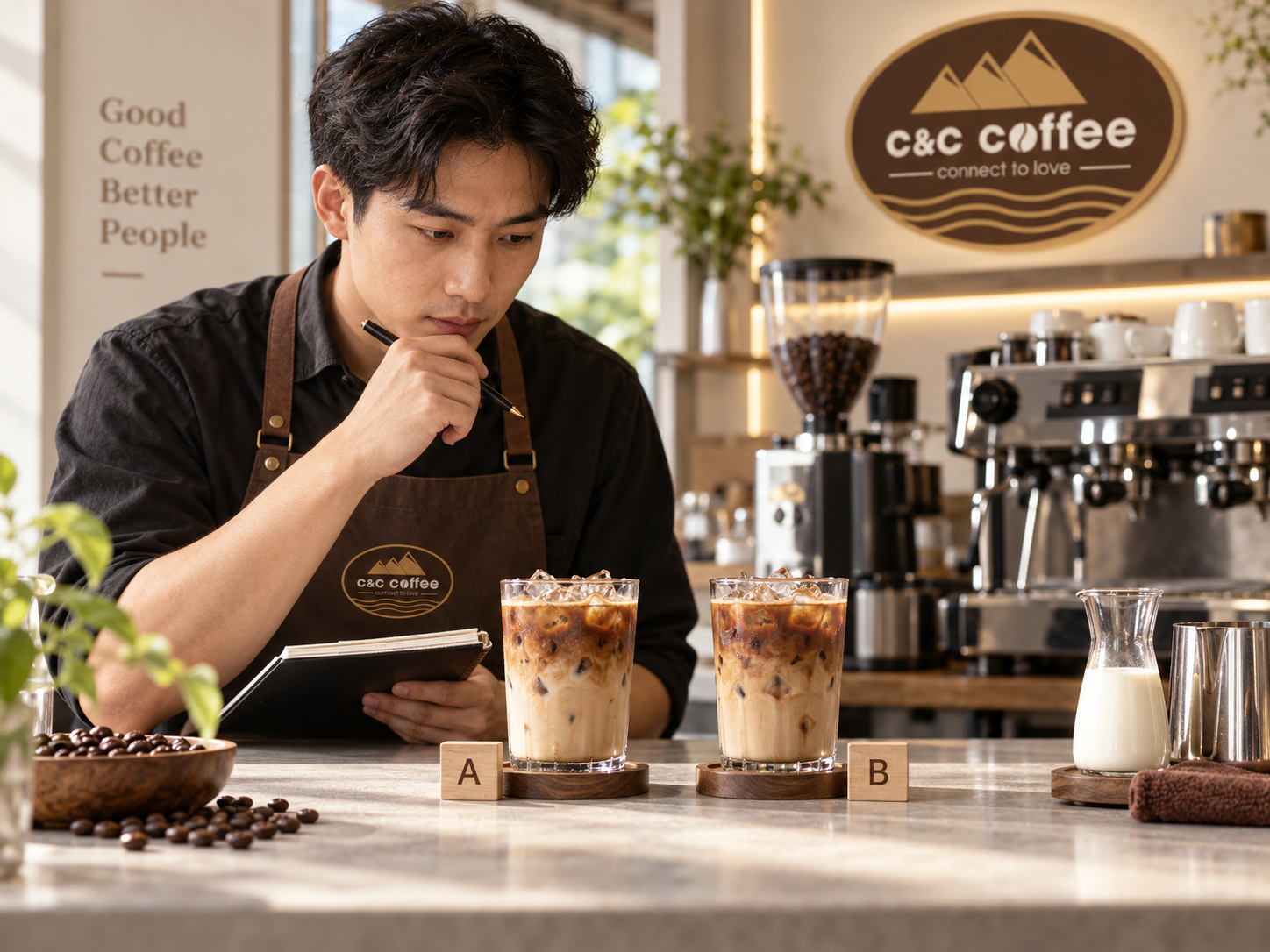 Barista thử hai shot cà phê với cùng lượng sữa để so sánh hương vị