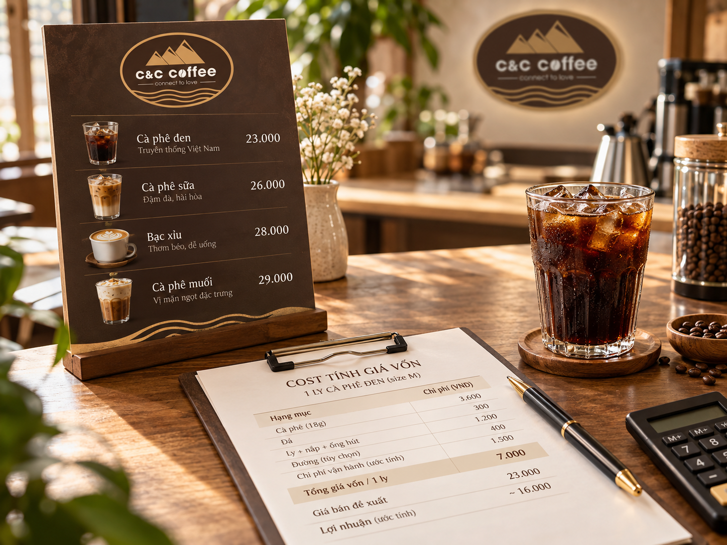 Menu giá bán đặt cạnh bảng tính cost và ly cà phê để kiểm tra biên lợi nhuận