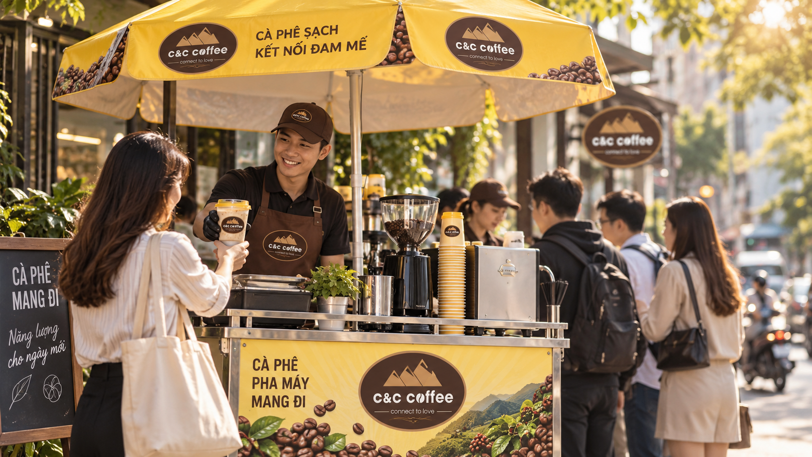 Khách nhận ly cà phê mang đi tại xe C&C Coffee trong giờ cao điểm buổi sáng