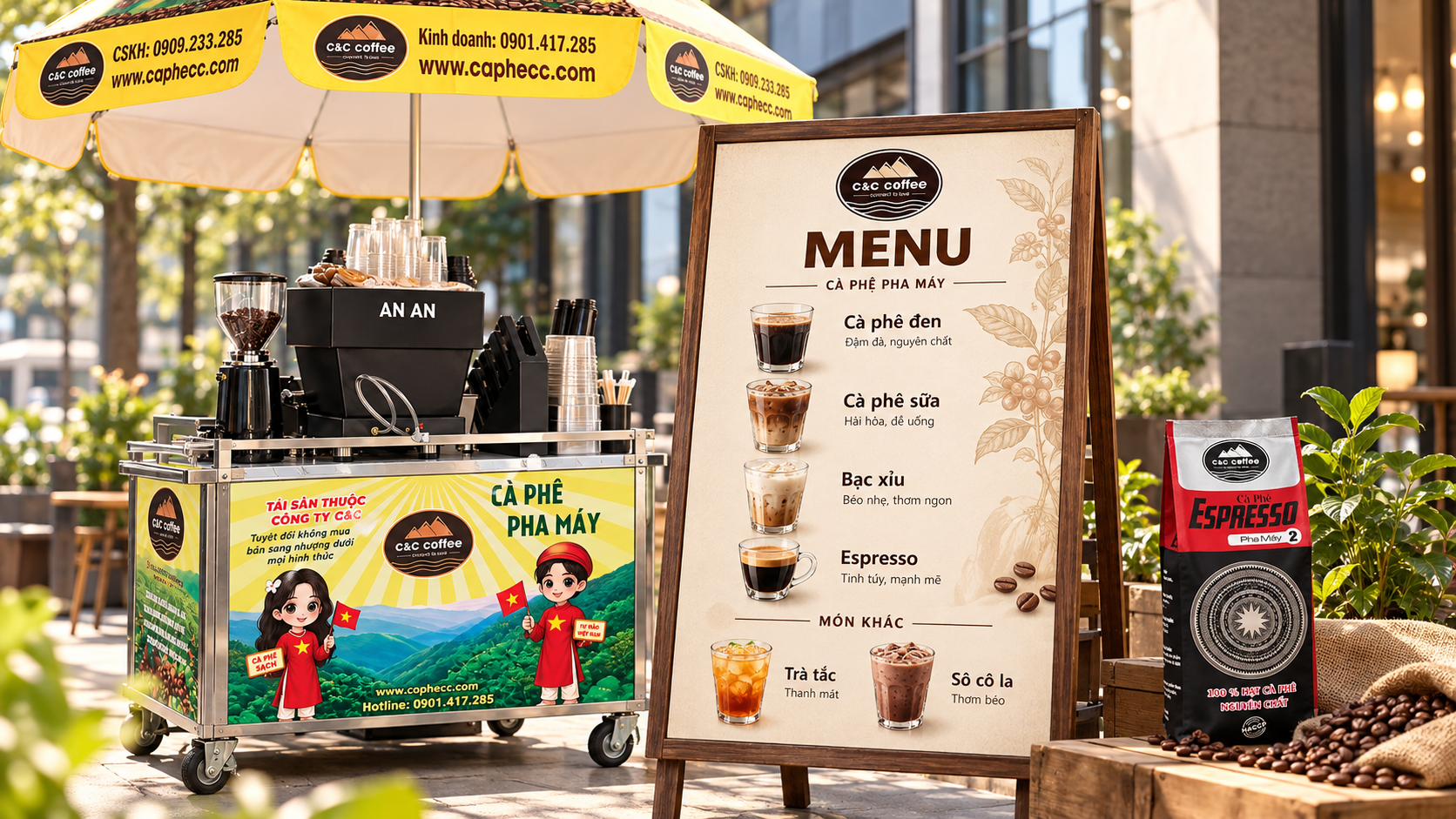 Bảng menu tối giản trên xe cà phê với các nhóm món cốt lõi dễ vận hành