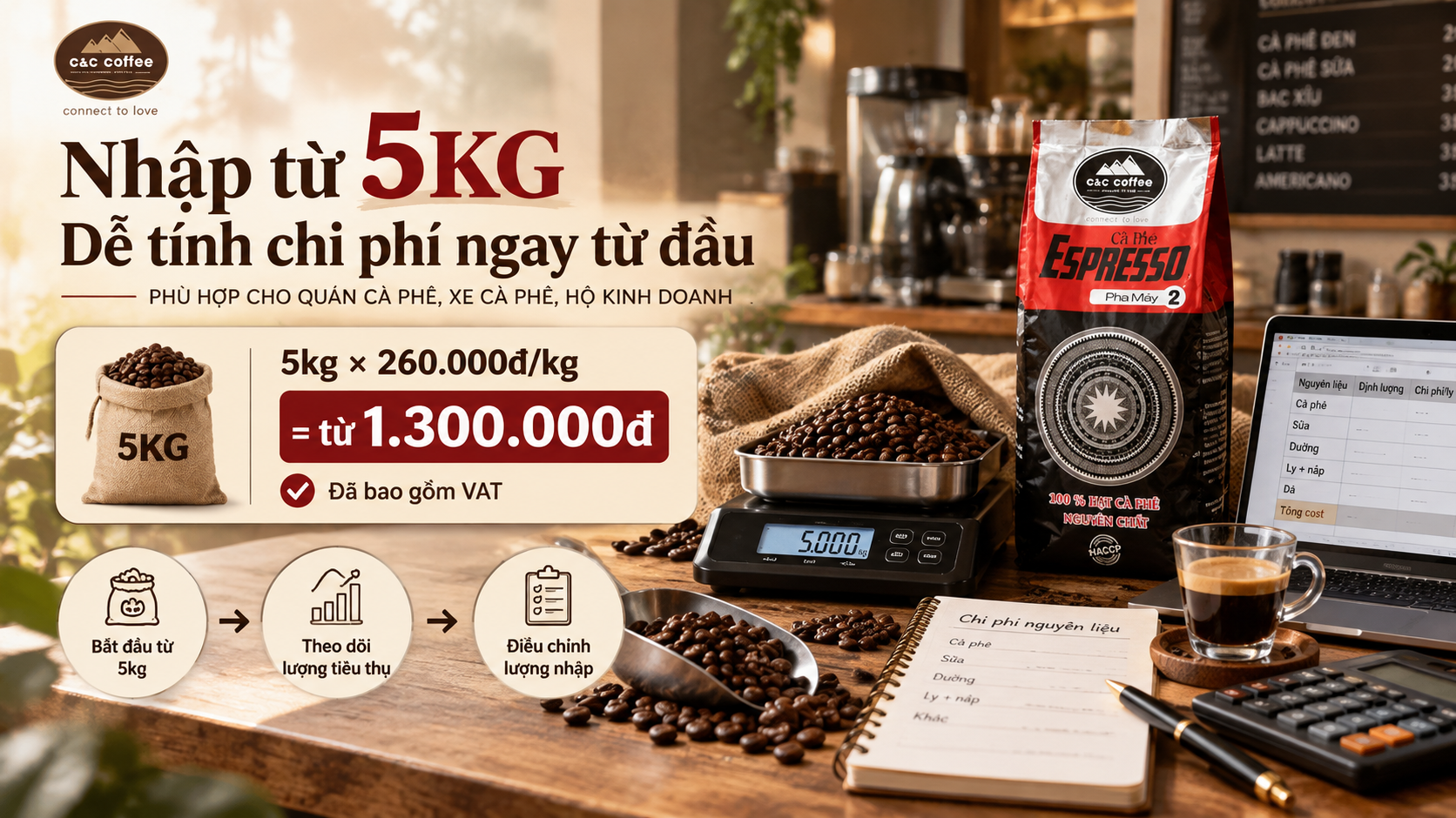 Minh họa chi phí nhập sỉ cà phê từ 5kg với giá từ 260.000đ/kg