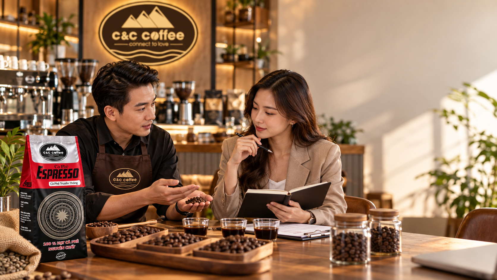 Chủ quán trao đổi với nhà cung cấp bên các mẫu cà phê rang thử