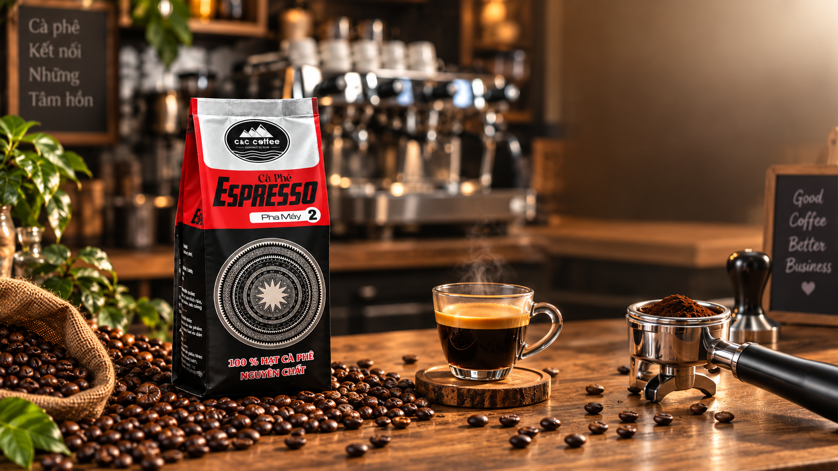 Ba mẫu phối trộn Arabica Robusta với hạt cà phê thật và ly espresso để so sánh