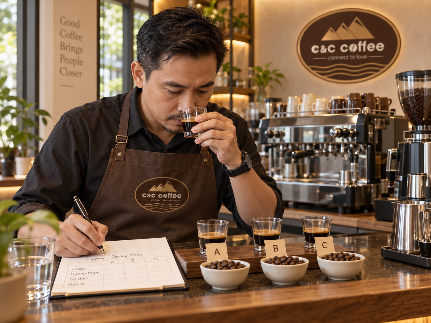 Buổi thử nếm ba mẫu phối trộn cà phê được đánh mã để chọn công thức phù hợp