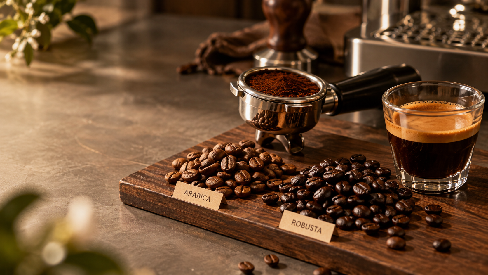Hạt Arabica và Robusta bên portafilter và ly espresso dùng để chọn cà phê pha máy cho quán