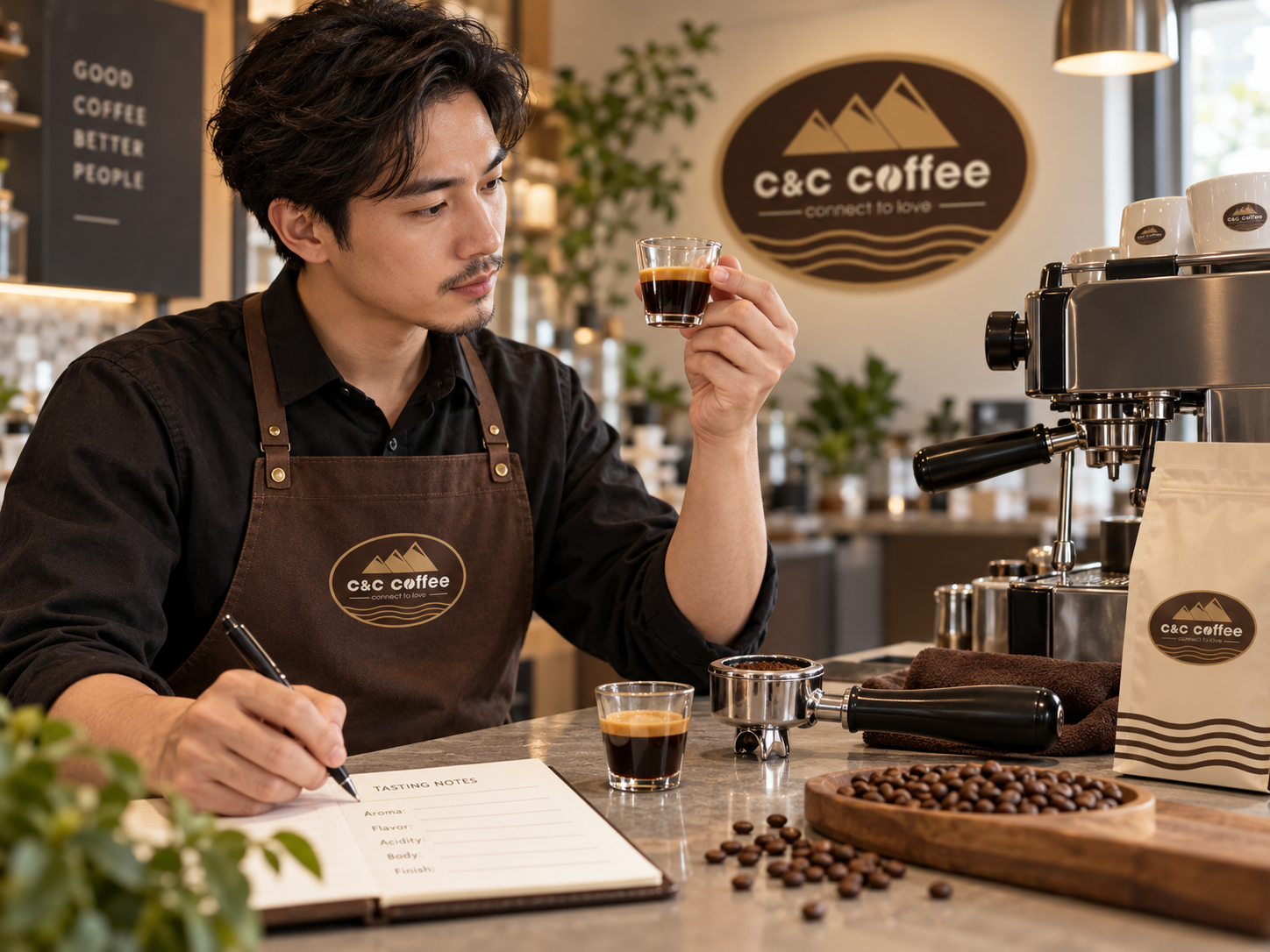 Barista thử shot espresso và ghi chép hương vị để chọn cà phê pha máy cho quán