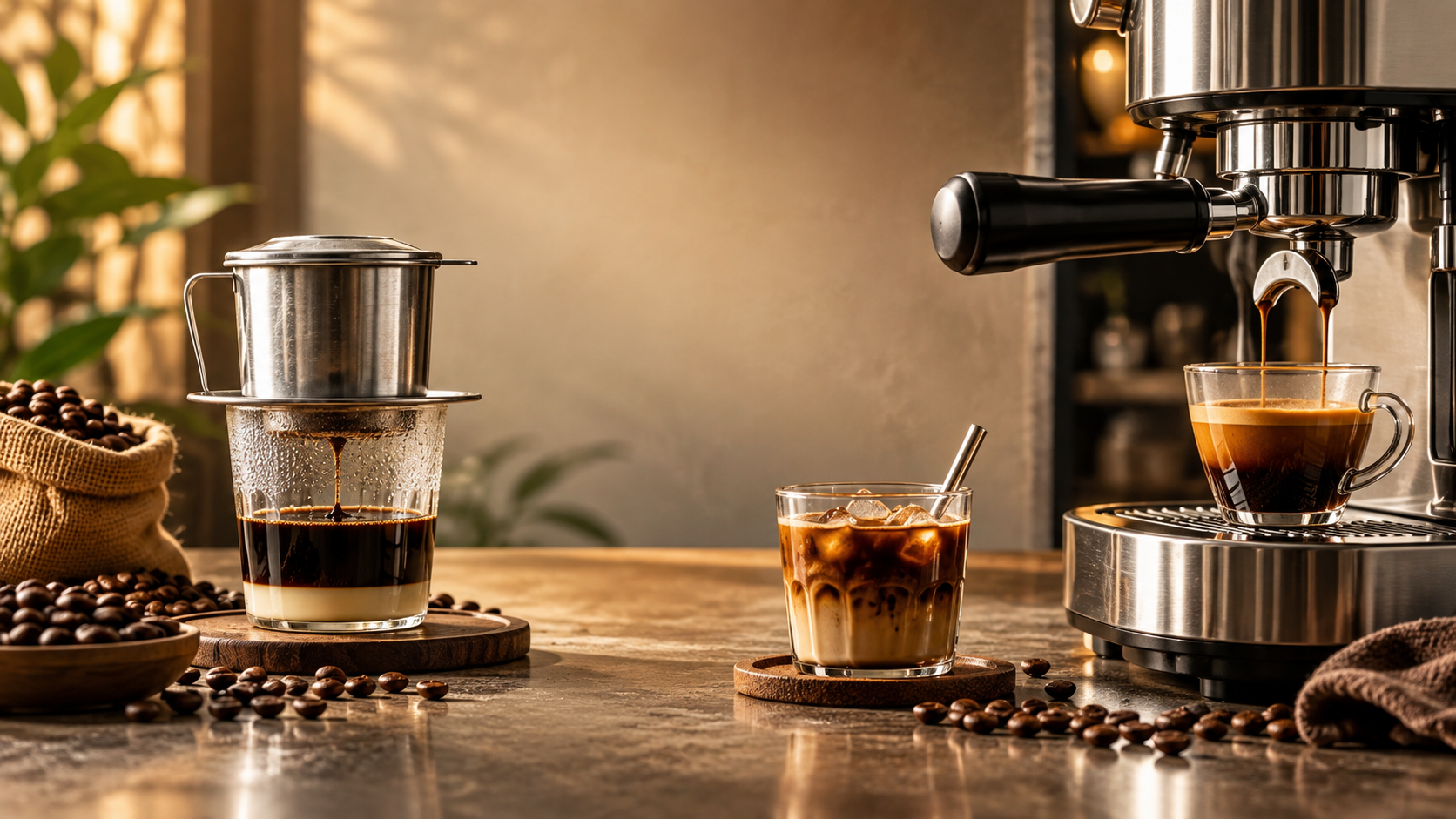 Phin cà phê truyền thống và máy espresso đặt cạnh nhau để so sánh phương pháp pha