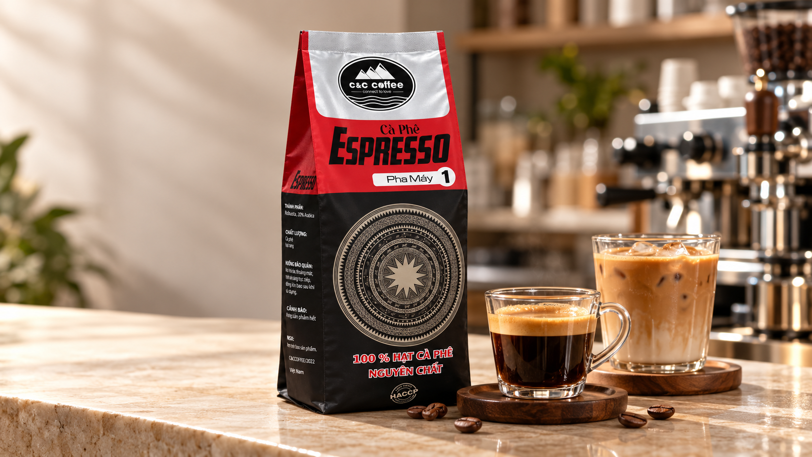 Cà phê Espersso 1 30% Arabica 70% Robusta pha máy 500g được test trên menu