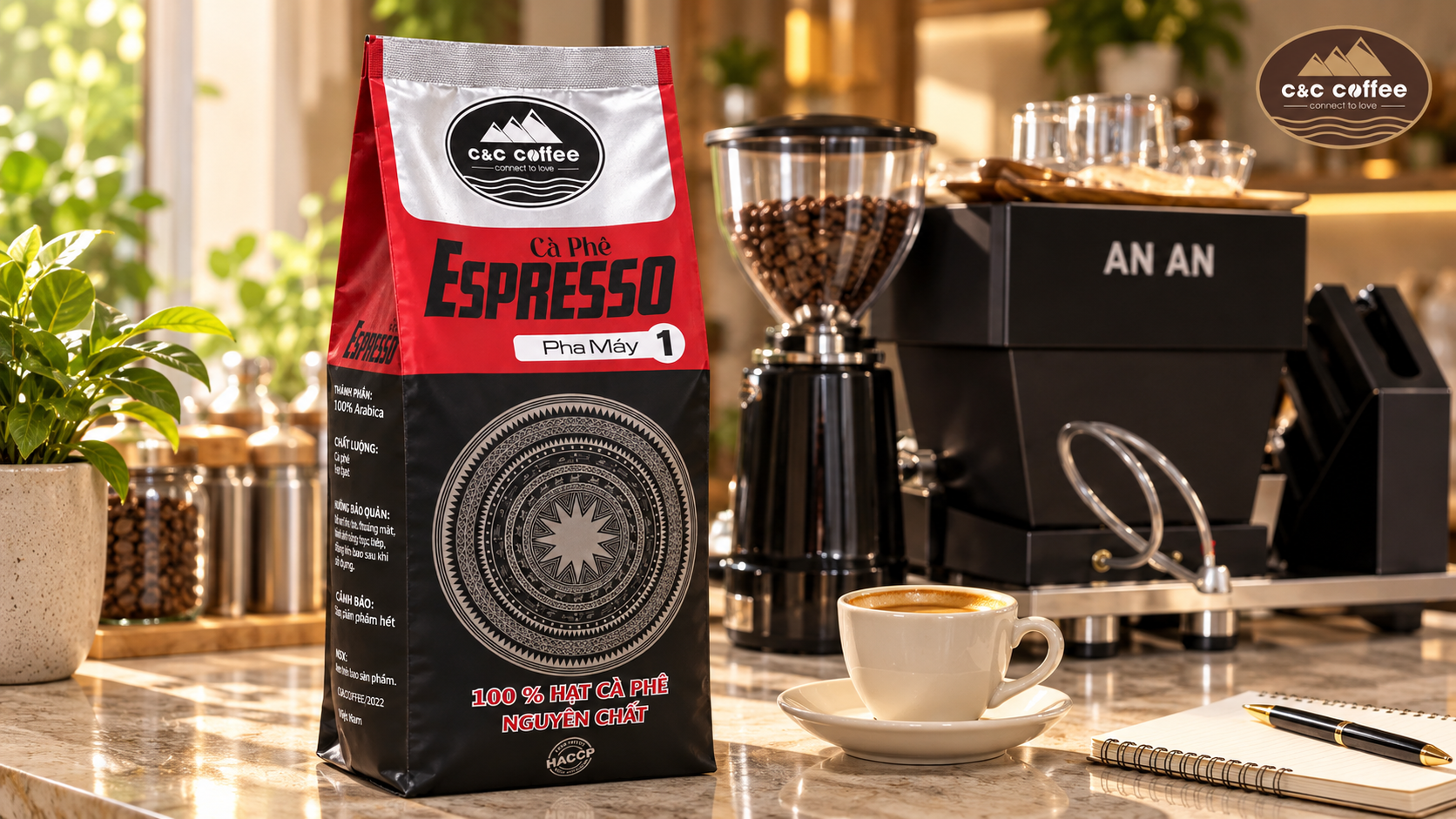 Cà phê Espersso 1 100% Arabica pha máy 500g trong bối cảnh test menu