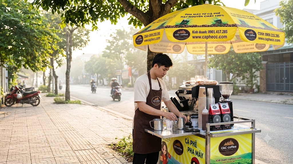Xe cà phê được chuẩn bị trước giờ mở bán